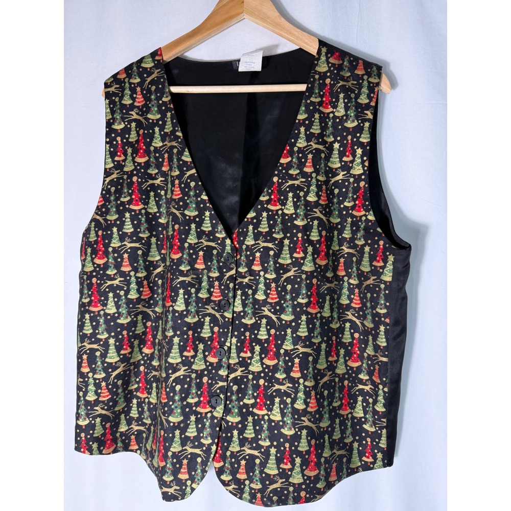 111 Main Christmas Vest Womens 2X Black Reindeer Holiday Trees Cotton Button Up